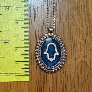 Blue Enamel, Oval, Hamsa, Rose Gold over 925 Pendant Necklace. Traditional Style